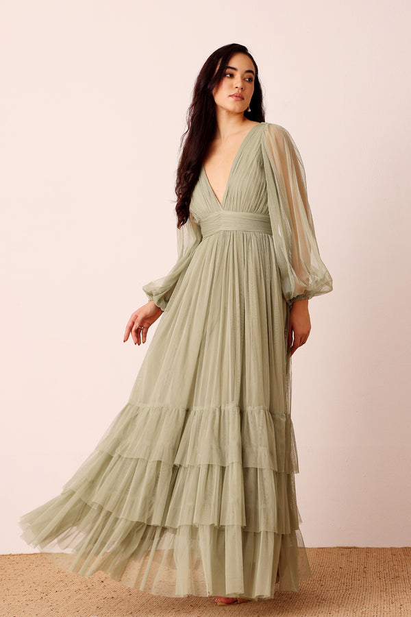 Lace & Beads Madison Long Sleeve Wrap Maxi Dress In Dusty Sage