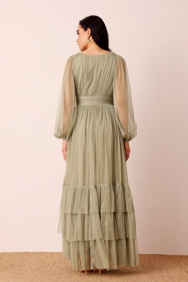Lace & Beads Madison Long Sleeve Wrap Maxi Dress In Dusty Sage
