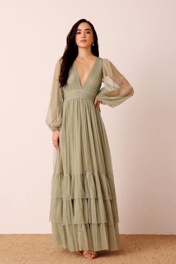 lace & beads Madison Long Sleeve Wrap Maxi Dress in Dusty Sage