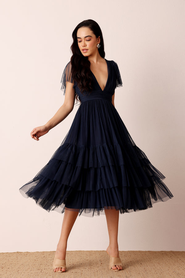 Lace & Beads Madison Navy Blue Tulle Bridesmaid Midi Dress