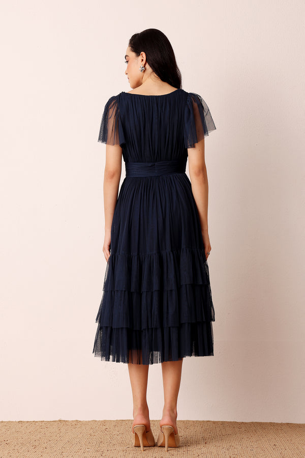 Lace & Beads Madison Navy Blue Tulle Bridesmaid Midi Dress