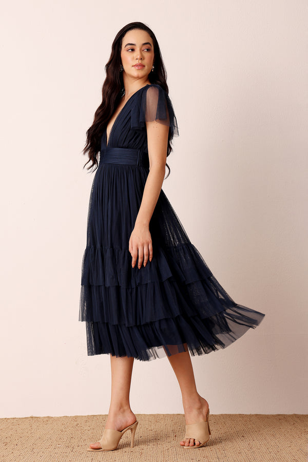 Lace & Beads Madison Navy Blue Tulle Bridesmaid Midi Dress