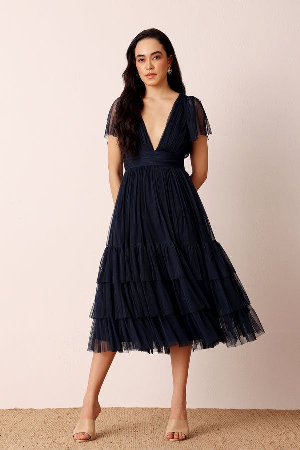 lace & beads Madison Navy Blue Tulle Bridesmaid Midi Dress