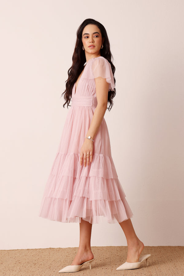 Lace & Beads Madison Powder Pink Midi Bridesmaid Dress