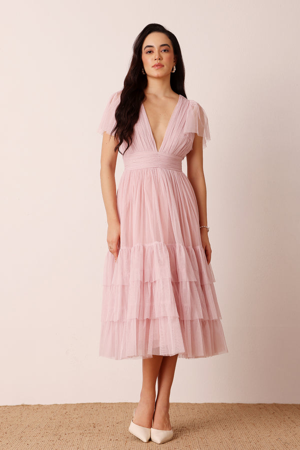 lace & beads Madison Powder Pink Midi Bridesmaid Dress