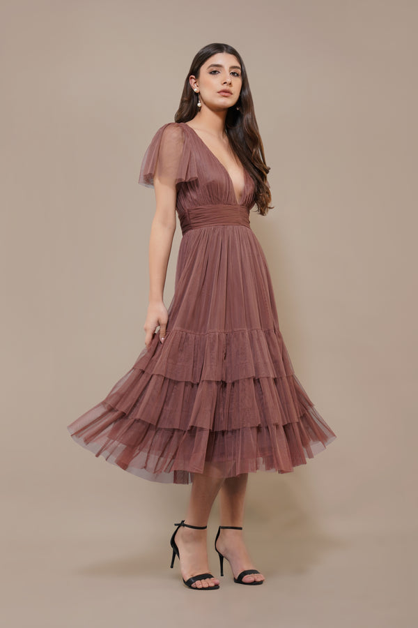 Lace & Beads Madison Rose Brown Tulle Bridesmaid Midi Dress