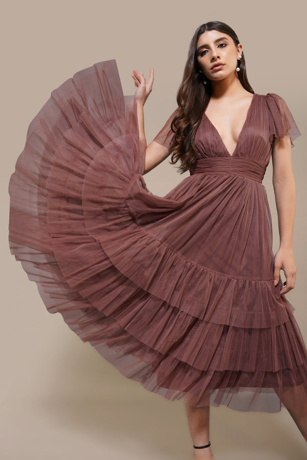 Lace & Beads Madison Rose Brown Tulle Bridesmaid Midi Dress