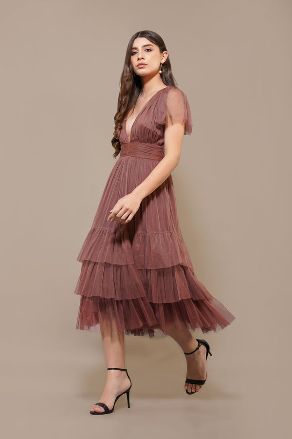 Lace & Beads Madison Rose Brown Tulle Bridesmaid Midi Dress