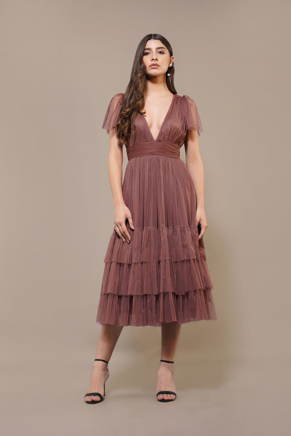 lace & beads Madison Rose Brown Tulle Bridesmaid Midi Dress
