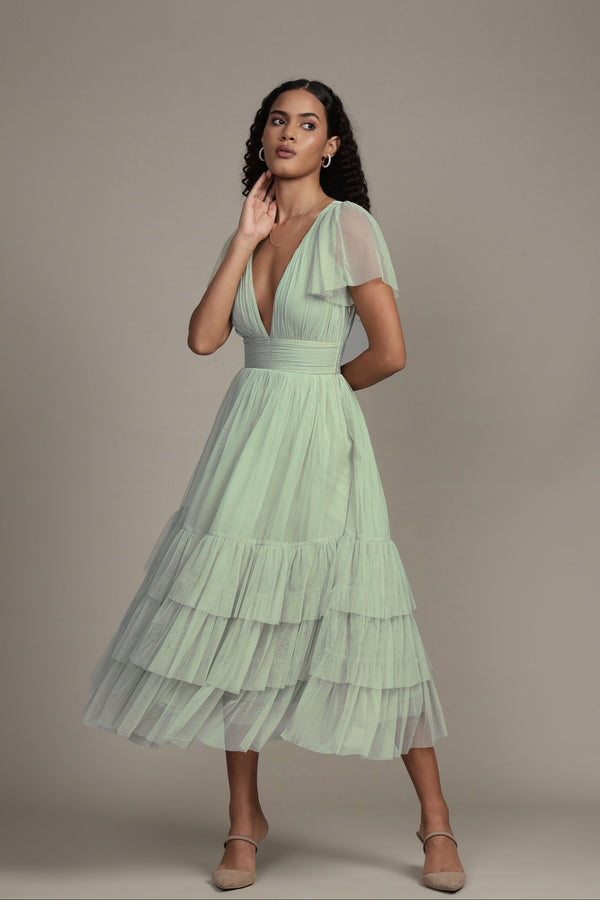 Lace & Beads Madison Sage Green Tulle Bridesmaid Midi Dress