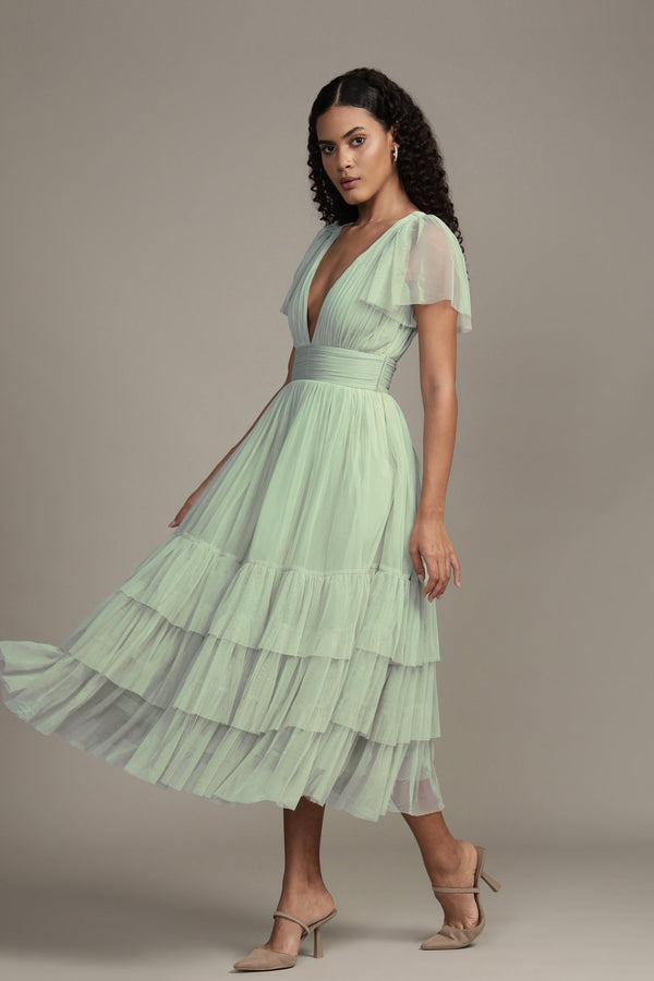 Lace & Beads Madison Sage Green Tulle Bridesmaid Midi Dress