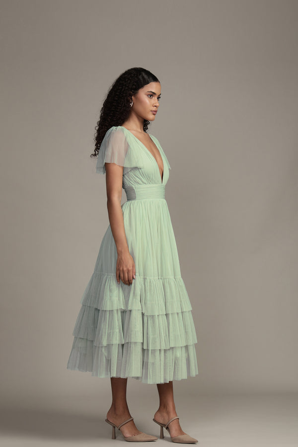 Lace & Beads Madison Sage Green Tulle Bridesmaid Midi Dress