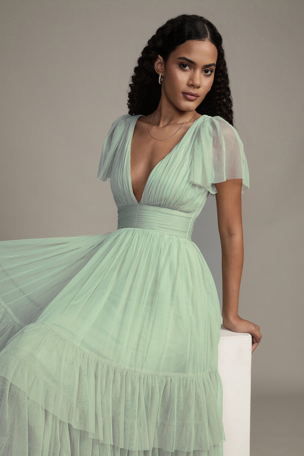 lace & beads Madison Sage Green Tulle Bridesmaid Midi Dress
