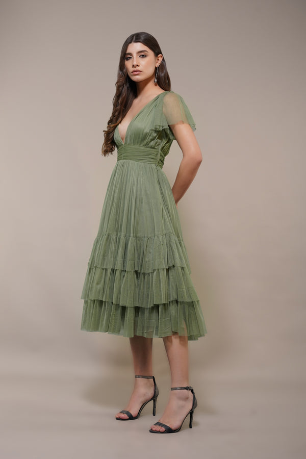 Lace & Beads Madison Soft Olive Tulle Bridesmaid Midi Dress
