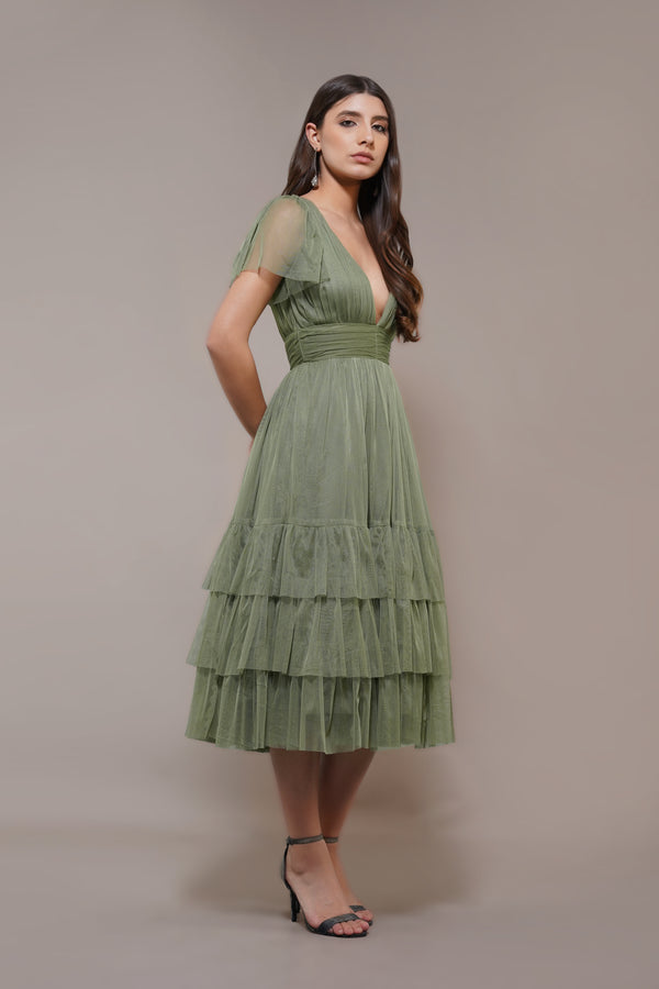 Lace & Beads Madison Soft Olive Tulle Bridesmaid Midi Dress