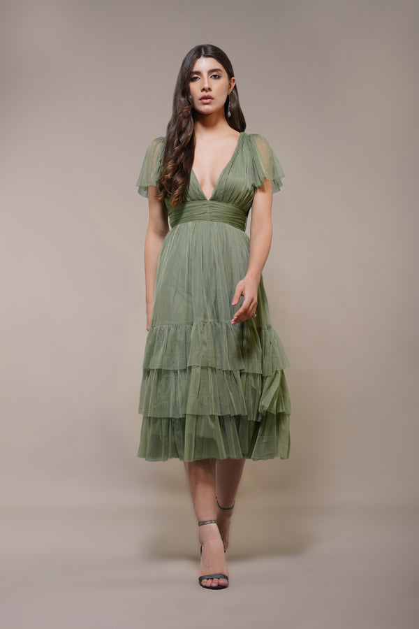 lace & beads Madison Soft Olive Tulle Bridesmaid Midi Dress