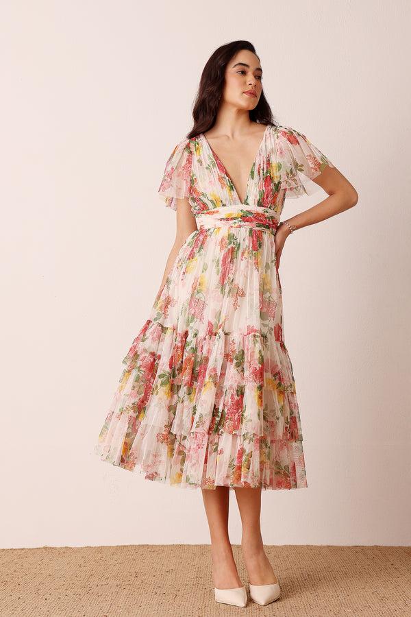 Lace & Beads Madison Tulle Midi Dress In Floral Print