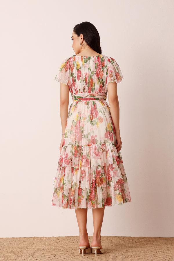 Lace & Beads Madison Tulle Midi Dress In Floral Print