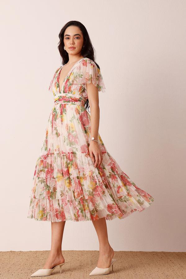 Lace & Beads Madison Tulle Midi Dress In Floral Print