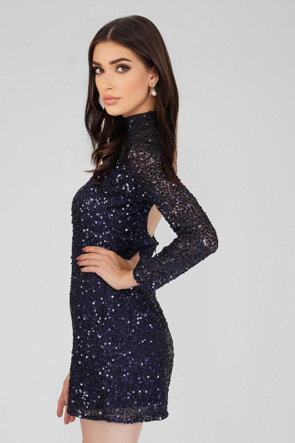 Lace & Beads Mady Long Sleeve Sequin Mini Dress In Dark Blue