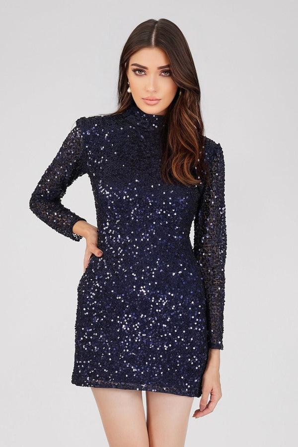 Lace & Beads Mady Long Sleeve Sequin Mini Dress In Dark Blue