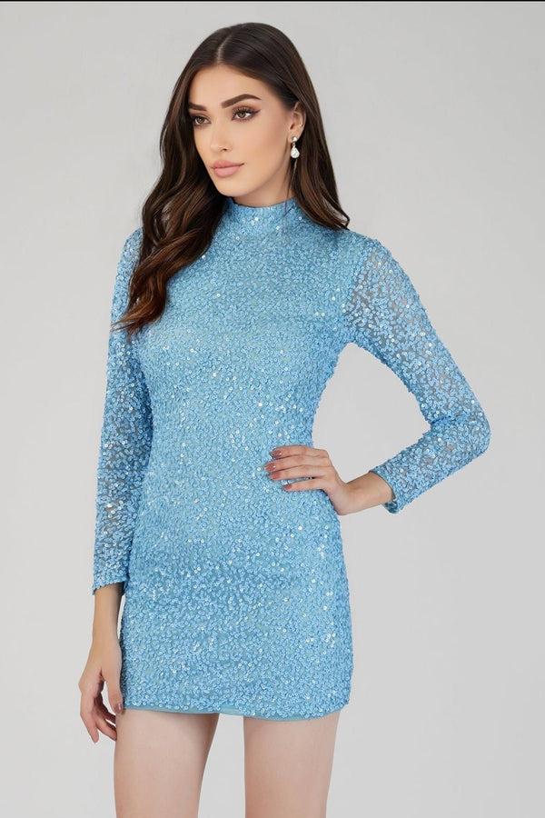 Lace & Beads Mady Long Sleeve Sequin Mini Dress In Light Blue