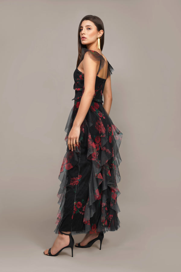 Lace & Beads Malin Maxi Dress In Black And Red Floral