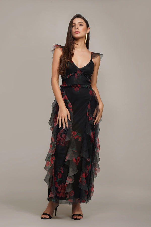 lace & beads Malin Maxi Dress in Black and Red Floral