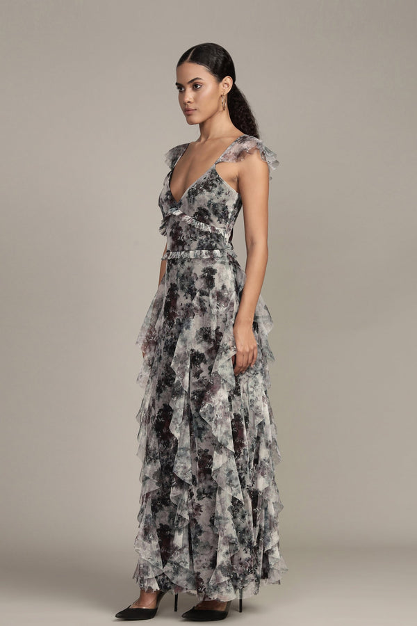 Lace & Beads Malin Maxi Dress In Black And White Floral