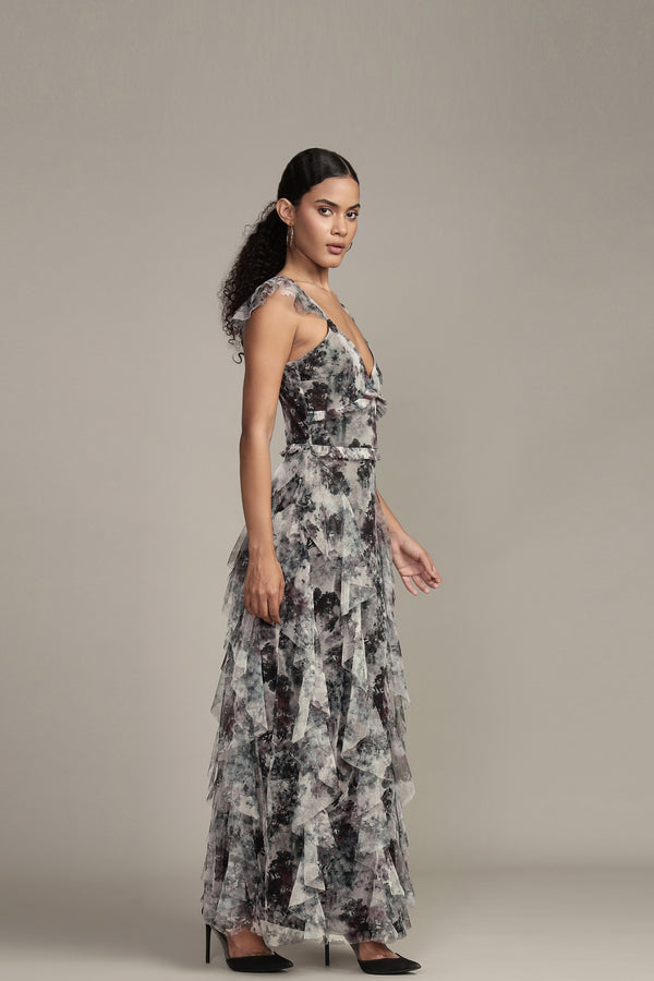 Lace & Beads Malin Maxi Dress In Black And White Floral