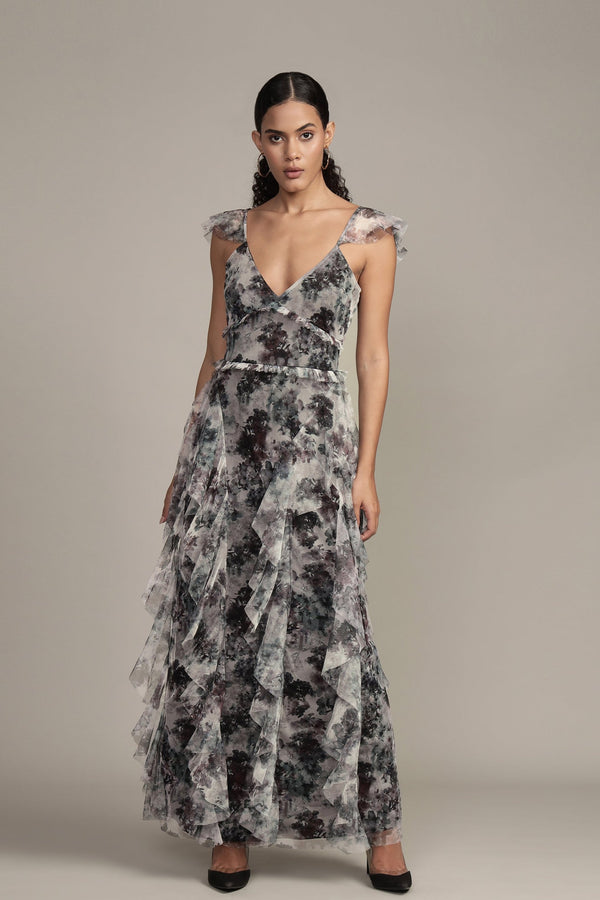 lace & beads Malin Maxi Dress in Black and White Floral