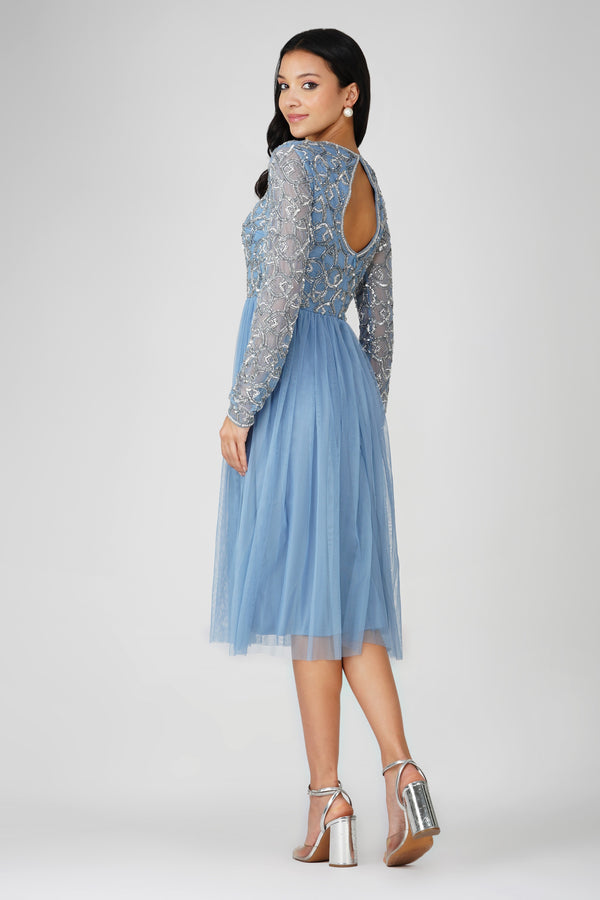 Lace & Beads Mandarin Embellished Midi Dress In Powder Blue