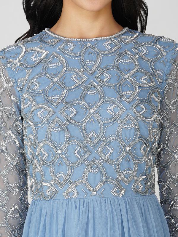 Lace & Beads Mandarin Embellished Midi Dress In Powder Blue