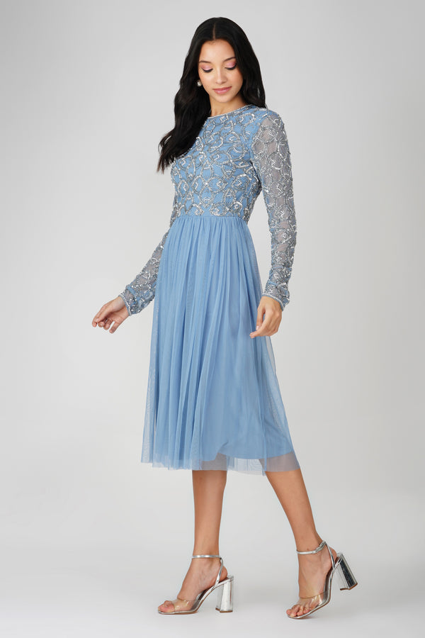 Lace & Beads Mandarin Embellished Midi Dress In Powder Blue