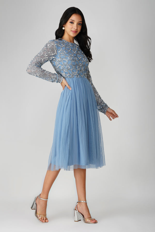 lace & beads Mandarin Embellished Midi Dress in Powder Blue