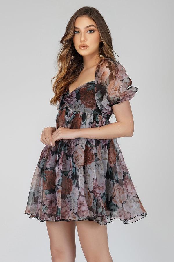 lace & beads Melanie Dark Floral Puff Sleeve Mini Dress