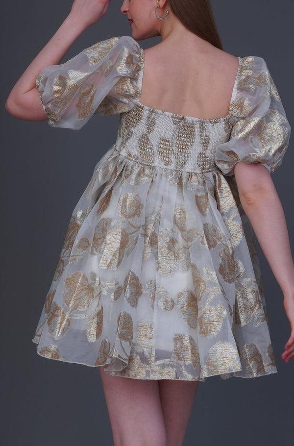 Lace & Beads Melanie Metallic Babydoll Mini Dress In Gold Jacquard