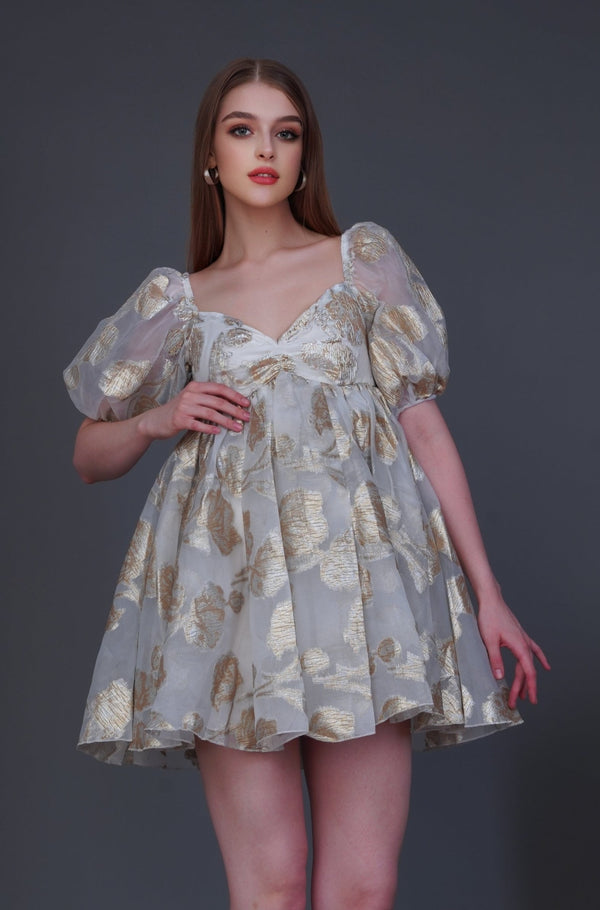 Lace & Beads Melanie Metallic Babydoll Mini Dress In Gold Jacquard