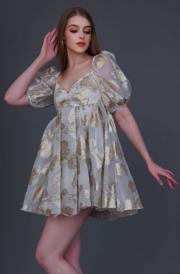 Lace & Beads Melanie Metallic Babydoll Mini Dress In Gold Jacquard