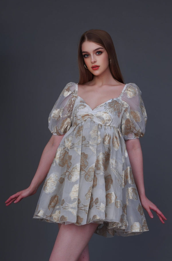 lace & beads Melanie Metallic Babydoll Mini Dress in Gold Jacquard