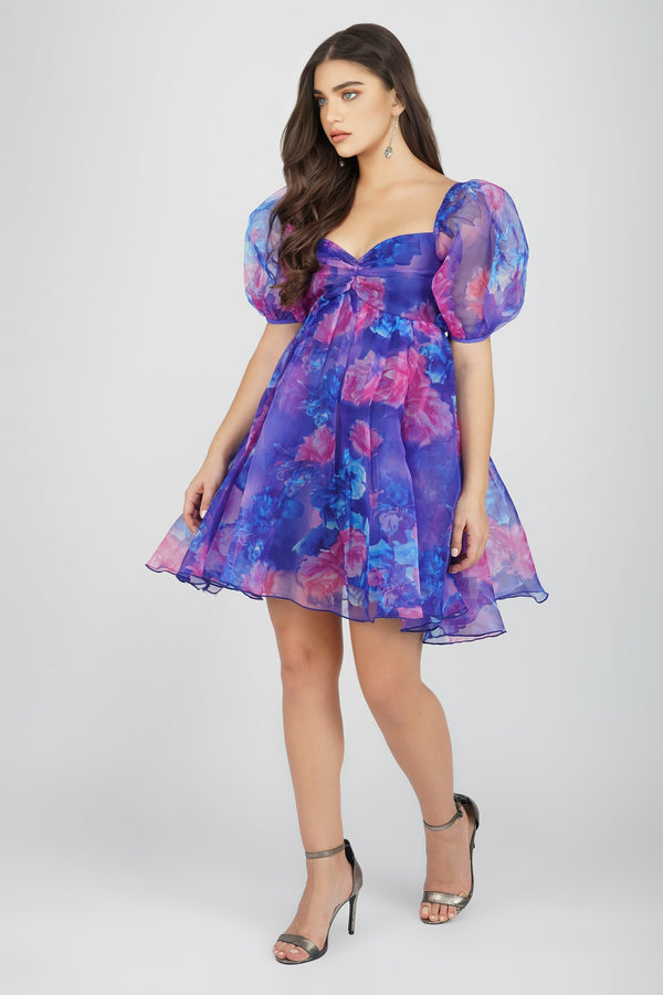 Lace & Beads Melanie Puff Sleeve Organza Mini In Cobalt Floral