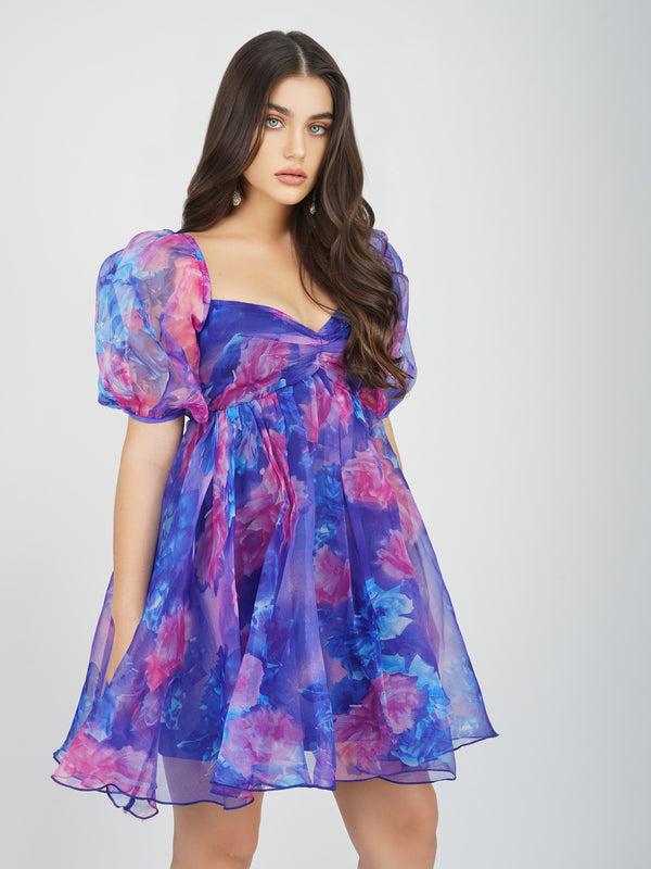 Lace & Beads Melanie Puff Sleeve Organza Mini In Cobalt Floral