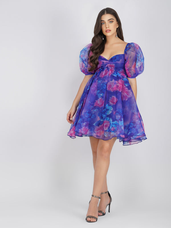 Lace & Beads Melanie Puff Sleeve Organza Mini In Cobalt Floral