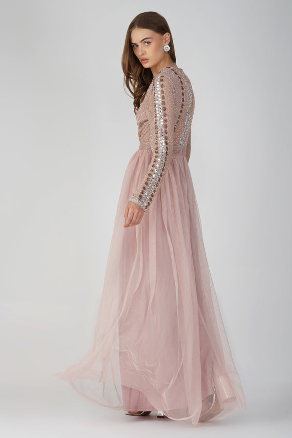 Lace & Beads Melinda Long Sleeve Embellished Maxi Dress In Blush Pink