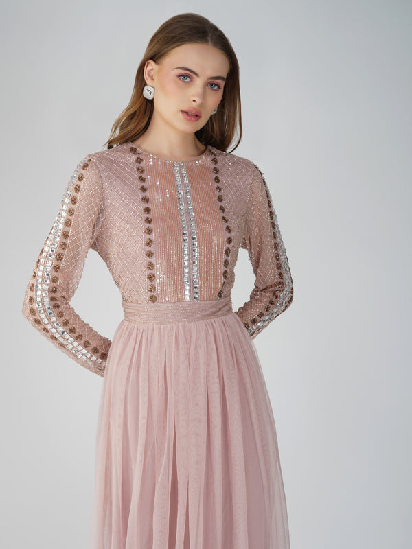Lace & Beads Melinda Long Sleeve Embellished Maxi Dress In Blush Pink