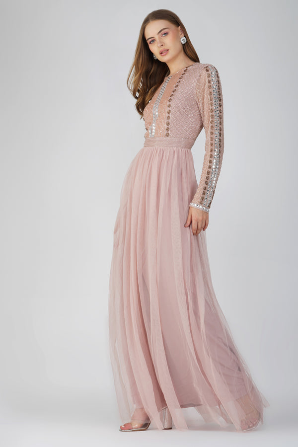 lace & beads Melinda Long Sleeve Embellished Maxi Dress in Blush Pink