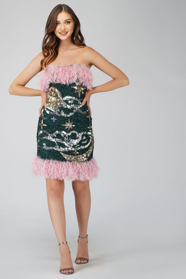 Lace & Beads Midnight Sequin Feather Mini Dress In Emerald Green