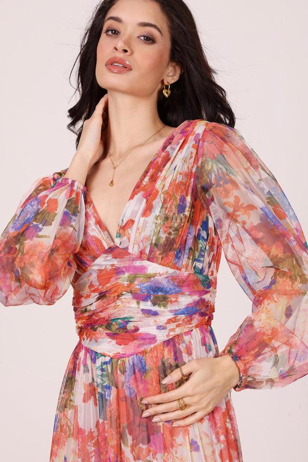 Lace & Beads Munez Long Sleeve Maxi Dress In Mixed Floral