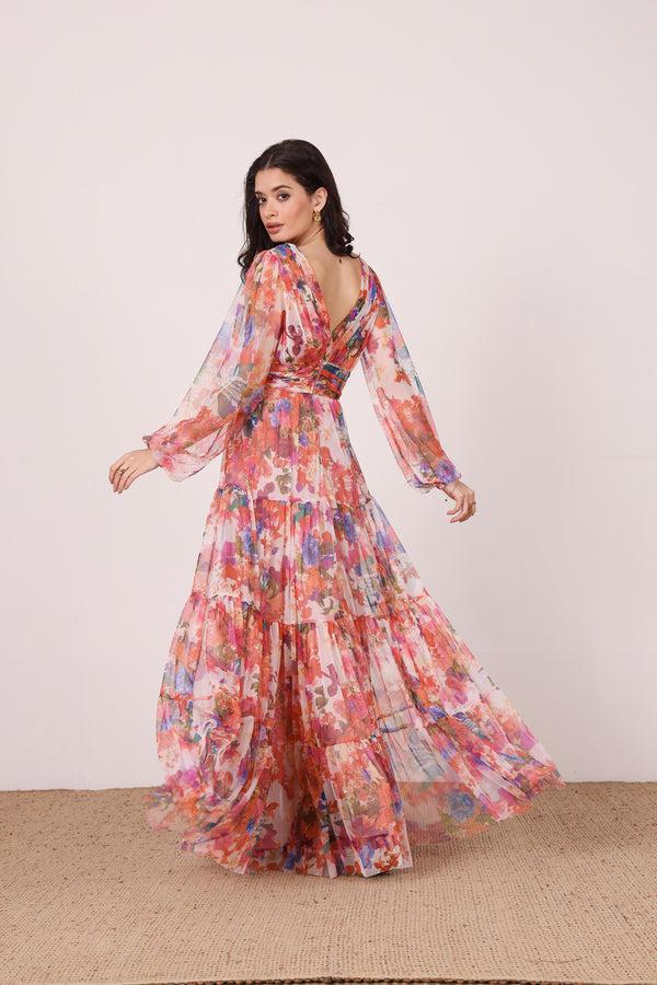 Lace & Beads Munez Long Sleeve Maxi Dress In Mixed Floral