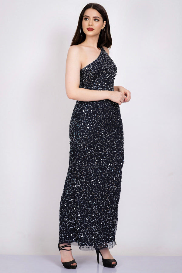Lace & Beads Naeve One Shoulder Sequin Dress In Navy Blue